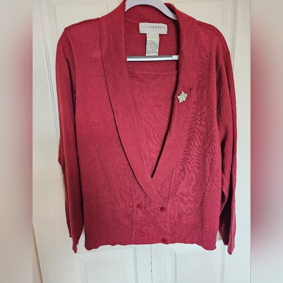 Sag Harbor Deep Red V-Neck Sweater With Crystal Broach - Picture 5 of 6